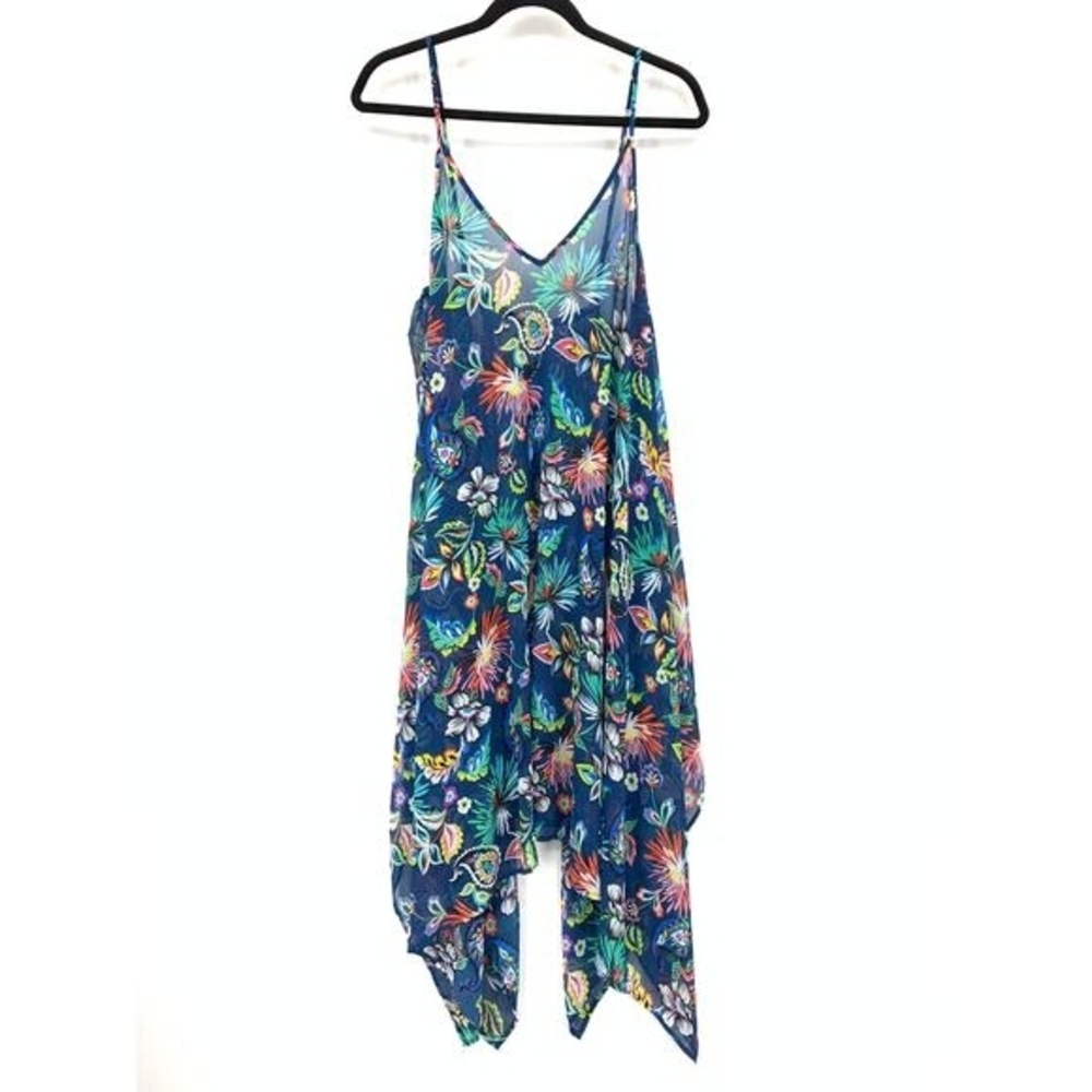 Into The Bleu Swim Coverup Womens Sz S Blue Floral Print Handkerchief Hem EUC
